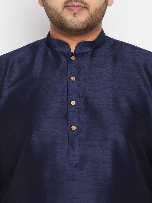 Vastramay Men's Plus Size Navy Blue Woven Silk Blend Jacket Kurta Pyjama Set
