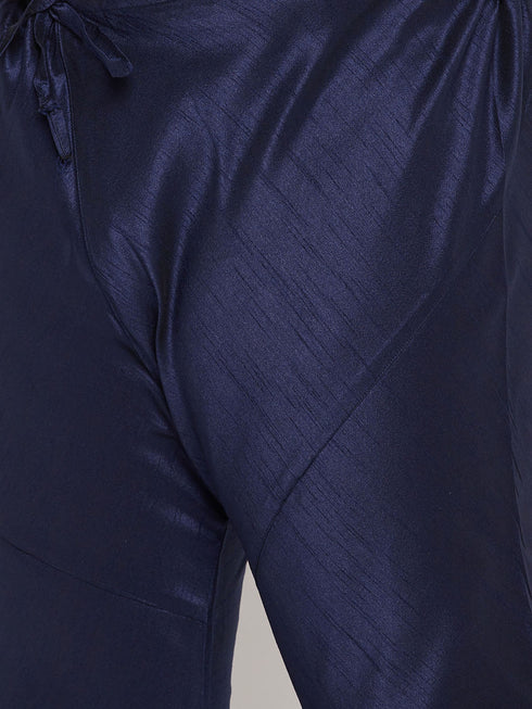 Vastramay Men's Plus Size Navy Blue Woven Silk Blend Jacket Kurta Pyjama Set