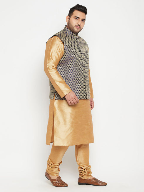 Vastramay Men's Plus Size Rose Gold and Blue woven Silk Blend Jacket Kurta Pyjama Set