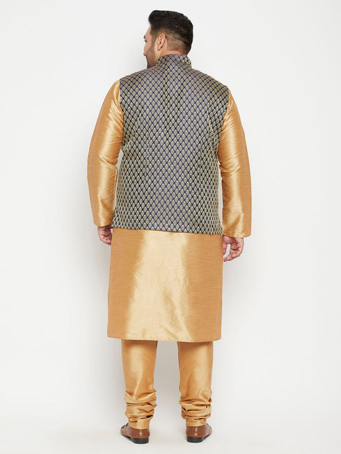 Vastramay Men's Plus Size Rose Gold and Blue woven Silk Blend Jacket Kurta Pyjama Set