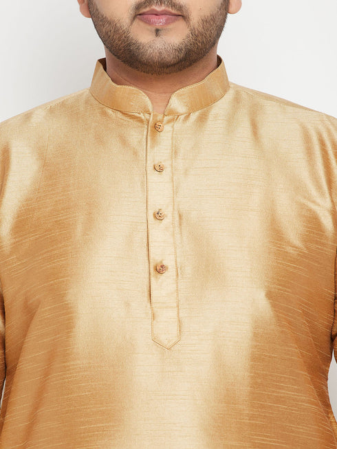 Vastramay Men's Plus Size Rose Gold and Blue woven Silk Blend Jacket Kurta Pyjama Set