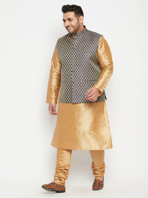 Vastramay Men's Plus Size Rose Gold and Blue woven Silk Blend Jacket Kurta Pyjama Set