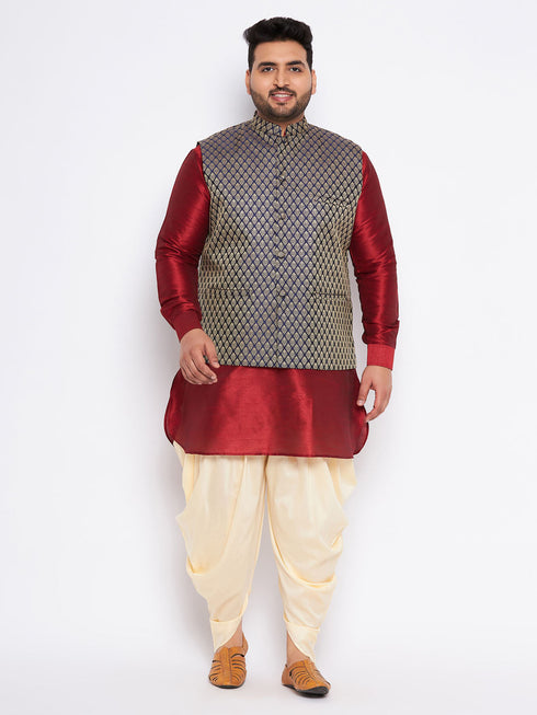 Vastramay Men's Plus Size Navy Blue Woven Jacket With Maroon Kurta And Gold Dhoti Set