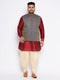 Vastramay Men's Plus Size Navy Blue Woven Jacket With Maroon Kurta And Gold Dhoti Set