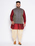 Vastramay Men's Plus Size Navy Blue Woven Jacket With Maroon Kurta And Gold Dhoti Set