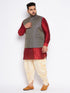 Vastramay Men's Plus Size Navy Blue Woven Jacket With Maroon Kurta And Gold Dhoti Set