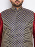 Vastramay Men's Plus Size Navy Blue Woven Jacket With Maroon Kurta And Gold Dhoti Set