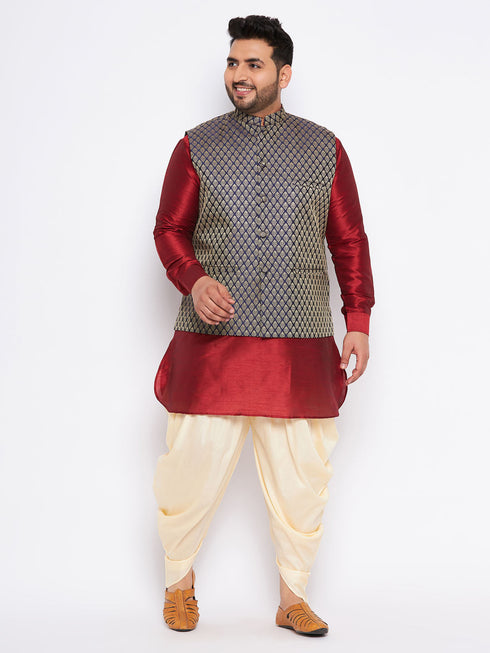 Vastramay Men's Plus Size Navy Blue Woven Jacket With Maroon Kurta And Gold Dhoti Set