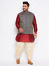 Vastramay Men's Plus Size Navy Blue Woven Jacket With Maroon Kurta And Gold Dhoti Set