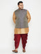 Vastramay Men's Plus Size Rose Gold Navy Blue and Maroon Silk Blend Jacket Kurta Dhoti Pant Set