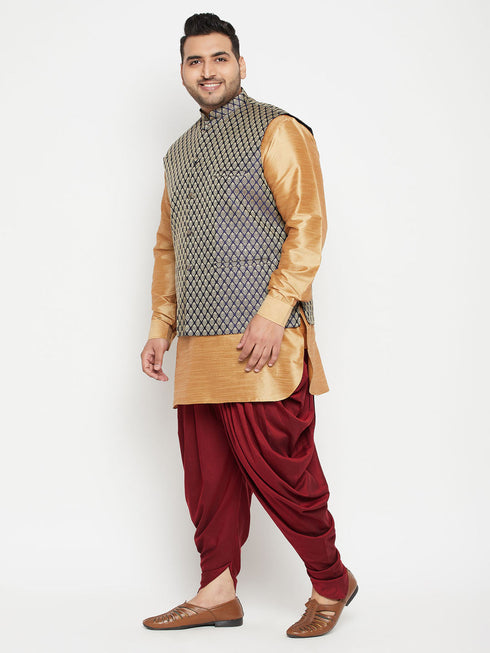 Vastramay Men's Plus Size Rose Gold Navy Blue and Maroon Silk Blend Jacket Kurta Dhoti Pant Set
