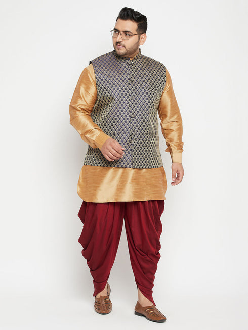 Vastramay Men's Plus Size Rose Gold Navy Blue and Maroon Silk Blend Jacket Kurta Dhoti Pant Set