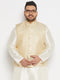Vastramay Men's Plus Size Cream and Gold Jacquard Nehru Jacket
