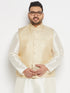 Vastramay Men's Plus Size Cream and Gold Jacquard Nehru Jacket