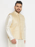 Vastramay Men's Plus Size Cream and Gold Jacquard Nehru Jacket