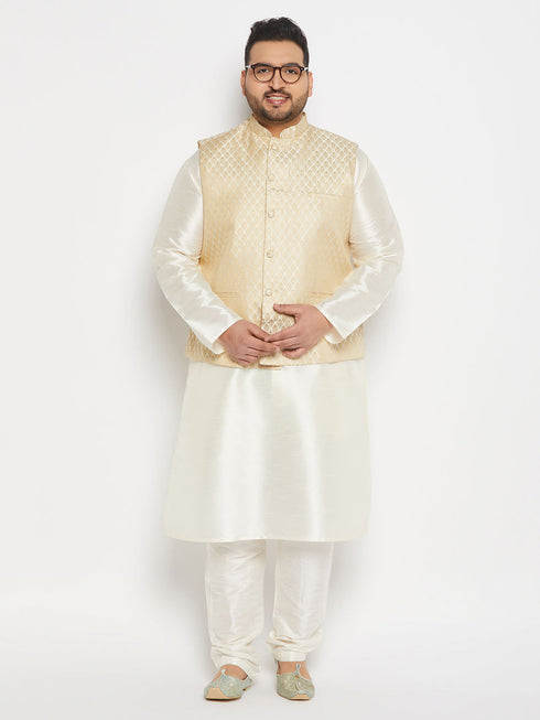 Vastramay Men's Plus Size Cream Ethnic Jacket With Cream Silk Blend Kurta and Pant Style Pyjama Set