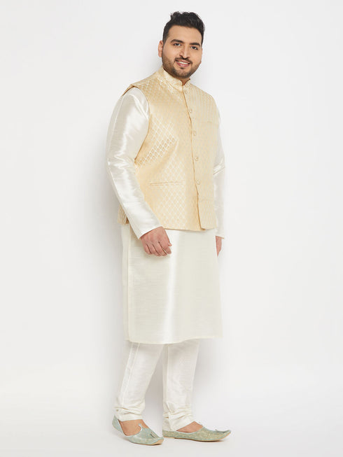 Vastramay Men's Plus Size Cream Ethnic Jacket With Cream Silk Blend Kurta and Pant Style Pyjama Set