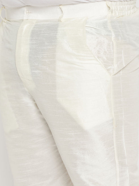 Vastramay Men's Plus Size Cream Ethnic Jacket With Cream Silk Blend Kurta and Pant Style Pyjama Set