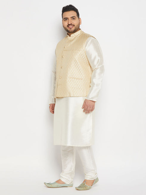 Vastramay Men's Plus Size Cream Ethnic Jacket With Cream Silk Blend Kurta and Pant Style Pyjama Set