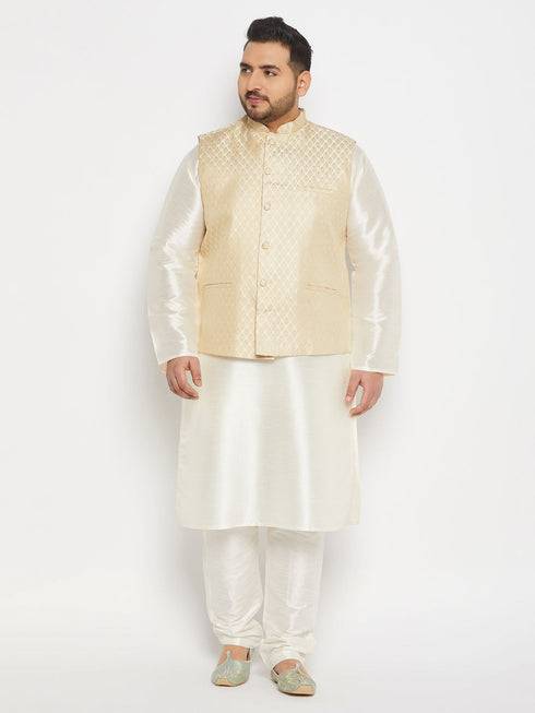 Vastramay Men's Plus Size Cream Ethnic Jacket With Cream Silk Blend Kurta and Pant Style Pyjama Set