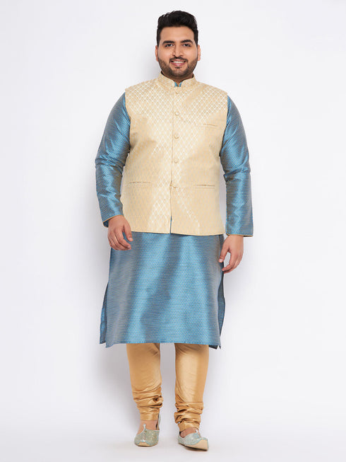 Vastramay Men's Plus Size Cream Ethnic Cream Jacket With Aqua Silk Blend Kurta and Golden Pyjama Set