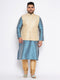 Vastramay Men's Plus Size Cream Ethnic Cream Jacket With Aqua Silk Blend Kurta and Golden Pyjama Set