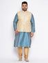 Vastramay Men's Plus Size Cream Ethnic Cream Jacket With Aqua Silk Blend Kurta and Golden Pyjama Set