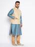 Vastramay Men's Plus Size Cream Ethnic Cream Jacket With Aqua Silk Blend Kurta and Golden Pyjama Set