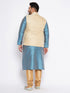 Vastramay Men's Plus Size Cream Ethnic Cream Jacket With Aqua Silk Blend Kurta and Golden Pyjama Set