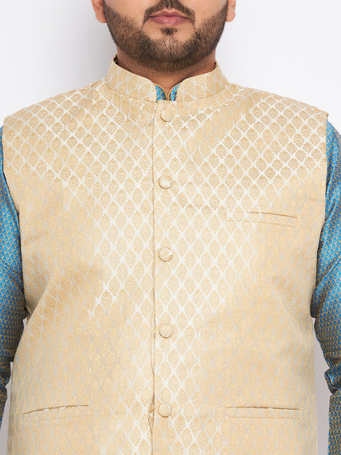 Vastramay Men's Plus Size Cream Ethnic Cream Jacket With Aqua Silk Blend Kurta and Golden Pyjama Set