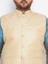 Vastramay Men's Plus Size Cream Ethnic Cream Jacket With Aqua Silk Blend Kurta and Golden Pyjama Set