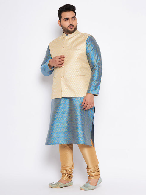 Vastramay Men's Plus Size Cream Ethnic Cream Jacket With Aqua Silk Blend Kurta and Golden Pyjama Set