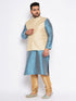 Vastramay Men's Plus Size Cream Ethnic Cream Jacket With Aqua Silk Blend Kurta and Golden Pyjama Set
