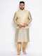 Vastramay Men's Plus Size Cream Ethnic Cream Jacket With Beige Silk Blend Kurta and Golden Pyjama Set