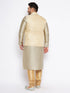 Vastramay Men's Plus Size Cream Ethnic Cream Jacket With Beige Silk Blend Kurta and Golden Pyjama Set