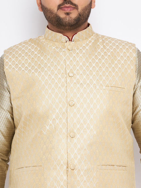 Vastramay Men's Plus Size Cream Ethnic Cream Jacket With Beige Silk Blend Kurta and Golden Pyjama Set