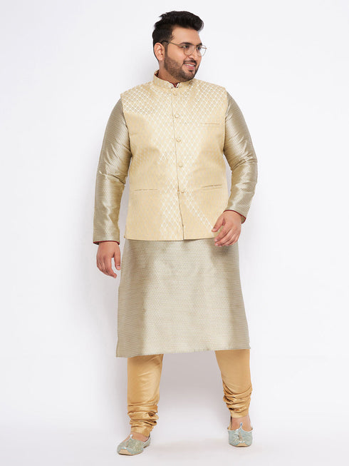 Vastramay Men's Plus Size Cream Ethnic Cream Jacket With Beige Silk Blend Kurta and Golden Pyjama Set