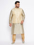 Vastramay Men's Plus Size Cream Ethnic Cream Jacket With Beige Silk Blend Kurta and Golden Pyjama Set