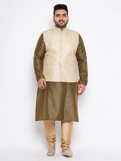 Vastramay Men's Plus Size Cream Ethnic Cream Jacket With Black Silk Blend Kurta and Golden Pyjama Set