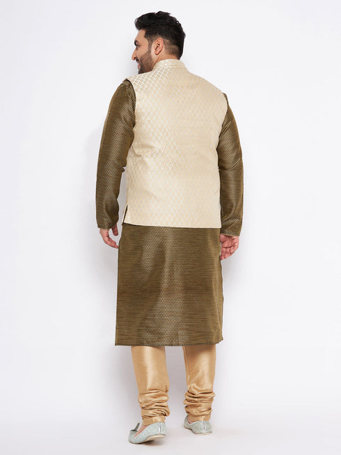 Vastramay Men's Plus Size Cream Ethnic Cream Jacket With Black Silk Blend Kurta and Golden Pyjama Set