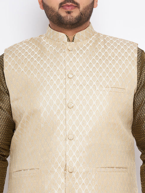 Vastramay Men's Plus Size Cream Ethnic Cream Jacket With Black Silk Blend Kurta and Golden Pyjama Set