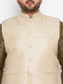 Vastramay Men's Plus Size Cream Ethnic Cream Jacket With Black Silk Blend Kurta and Golden Pyjama Set