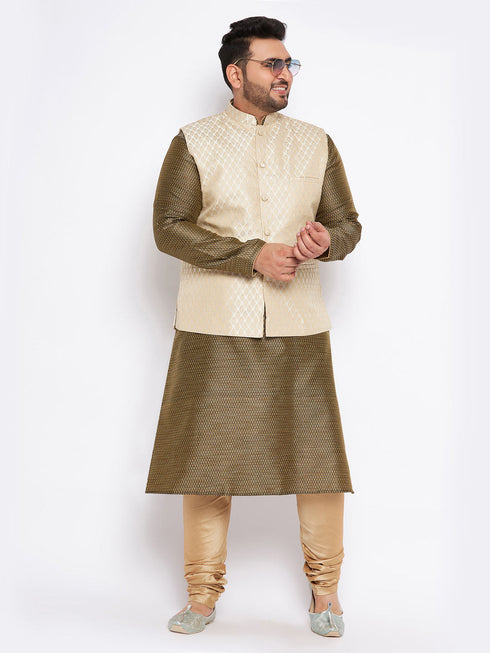 Vastramay Men's Plus Size Cream Ethnic Cream Jacket With Black Silk Blend Kurta and Golden Pyjama Set