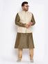 Vastramay Men's Plus Size Cream Ethnic Cream Jacket With Black Silk Blend Kurta and Golden Pyjama Set