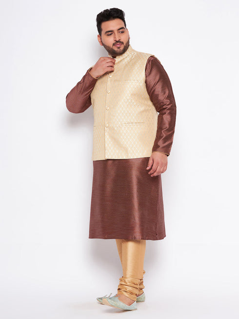 Vastramay Men's Plus Size Cream Ethnic Cream Jacket With Maroon Silk Blend Kurta and Golden Pyjama Set