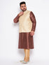 Vastramay Men's Plus Size Cream Ethnic Cream Jacket With Maroon Silk Blend Kurta and Golden Pyjama Set