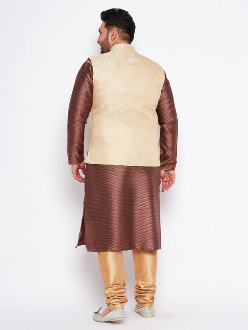 Vastramay Men's Plus Size Cream Ethnic Cream Jacket With Maroon Silk Blend Kurta and Golden Pyjama Set