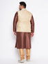 Vastramay Men's Plus Size Cream Ethnic Cream Jacket With Maroon Silk Blend Kurta and Golden Pyjama Set