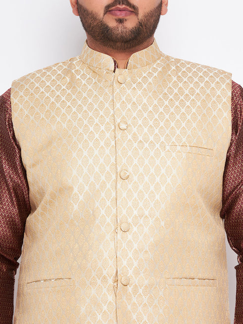 Vastramay Men's Plus Size Cream Ethnic Cream Jacket With Maroon Silk Blend Kurta and Golden Pyjama Set