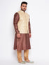 Vastramay Men's Plus Size Cream Ethnic Cream Jacket With Maroon Silk Blend Kurta and Golden Pyjama Set